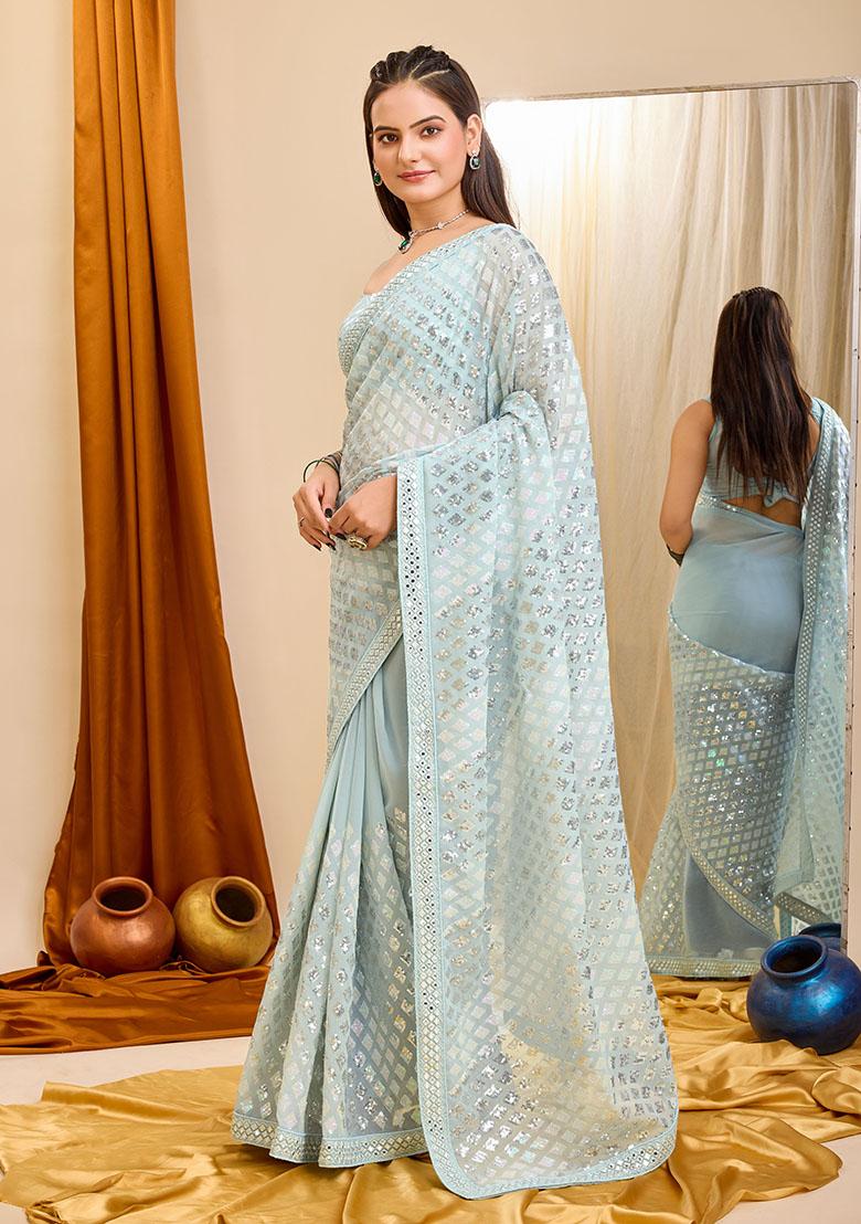 Sky Blue Sequin Embroidered Georgette Saree Set