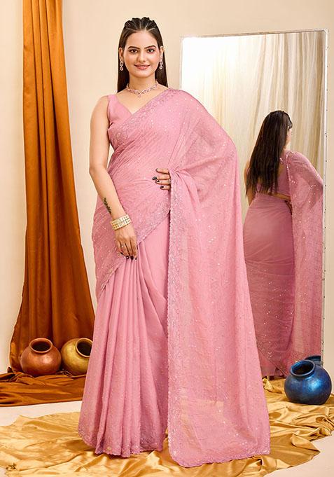 Pink Sequin Embroidered Georgette Saree Set