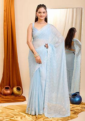 Sky Blue Sequin Embroidered Georgette Saree Set