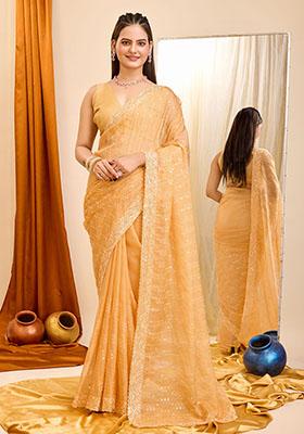 Mustard Sequin Embroidered Georgette Saree Set