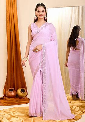 Pink Sequin Embroidered Georgette Saree Set
