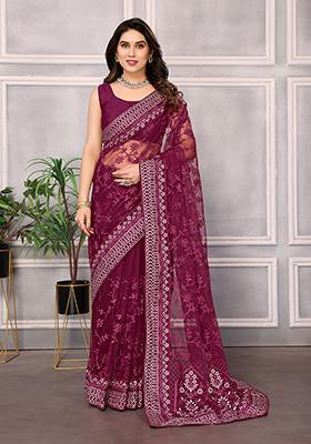 Wine Thread Embroidered Soft Net Saree Set