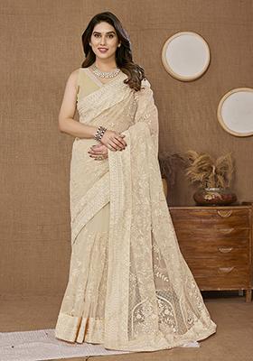 Beige Thread Embroidered Soft Net Saree Set