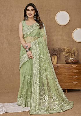 Pista Green Thread Embroidered Soft Net Saree Set