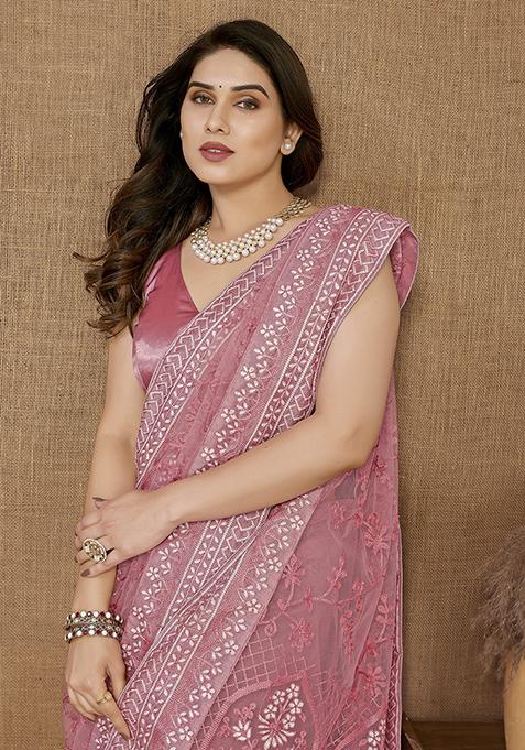 Pink Thread Embroidered Soft Net Saree Set