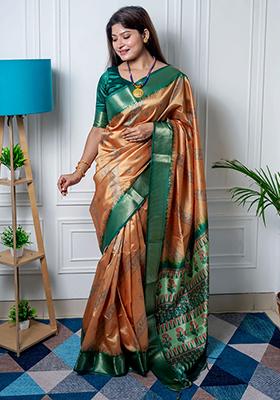 Yellow Woven Printed Raw Silk Saree Set