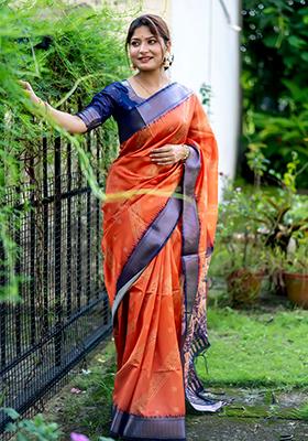 Orange Woven Printed Raw Silk Saree Set