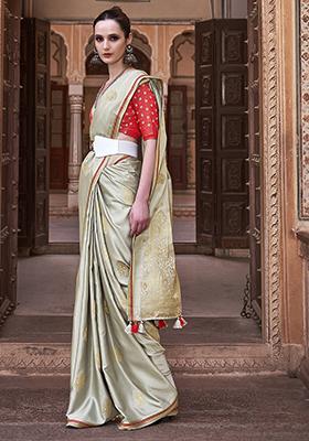 Grey Zari Woven Satin Silk Saree Set