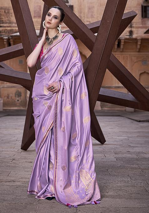 Lavender Zari Woven Satin Silk Saree Set