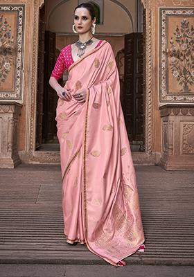Peach Zari Woven Satin Silk Saree Set