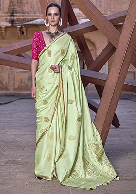 Pista Green Zari Woven Satin Silk Saree Set