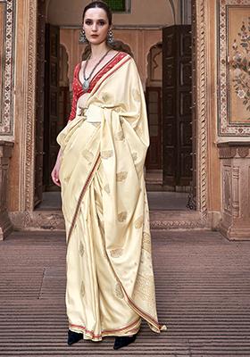 Cream Zari Woven Satin Silk Saree Set