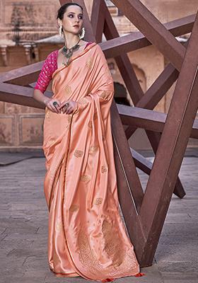 Orange Zari Woven Satin Silk Saree Set