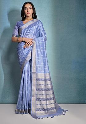 Blue Ikat Print Woven Tussar Silk Saree Set