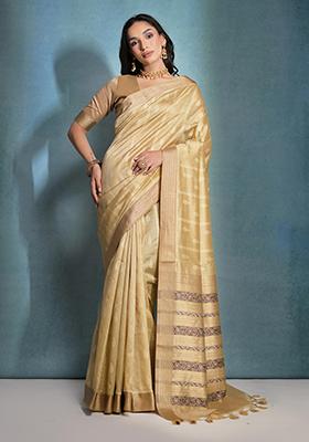 Cream Ikat Print Woven Tussar Silk Saree Set
