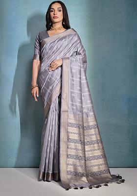Grey Ikat Print Woven Tussar Silk Saree Set