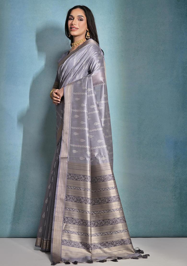Grey Ikat Print Woven Tussar Silk Saree Set