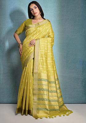 Mehendi Green Ikat Print Woven Tussar Silk Saree Set