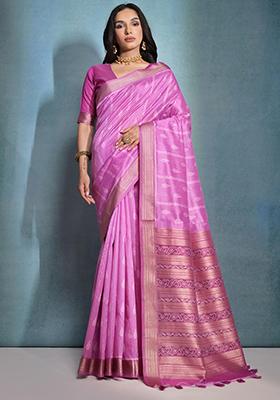 Pink Ikat Print Woven Tussar Silk Saree Set
