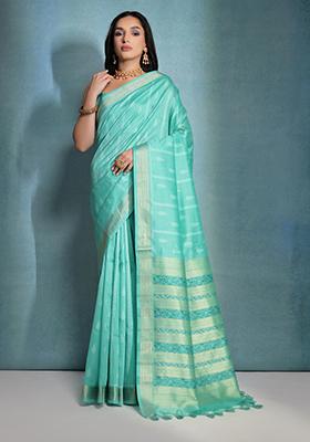 Sea Green Ikat Print Woven Tussar Silk Saree Set