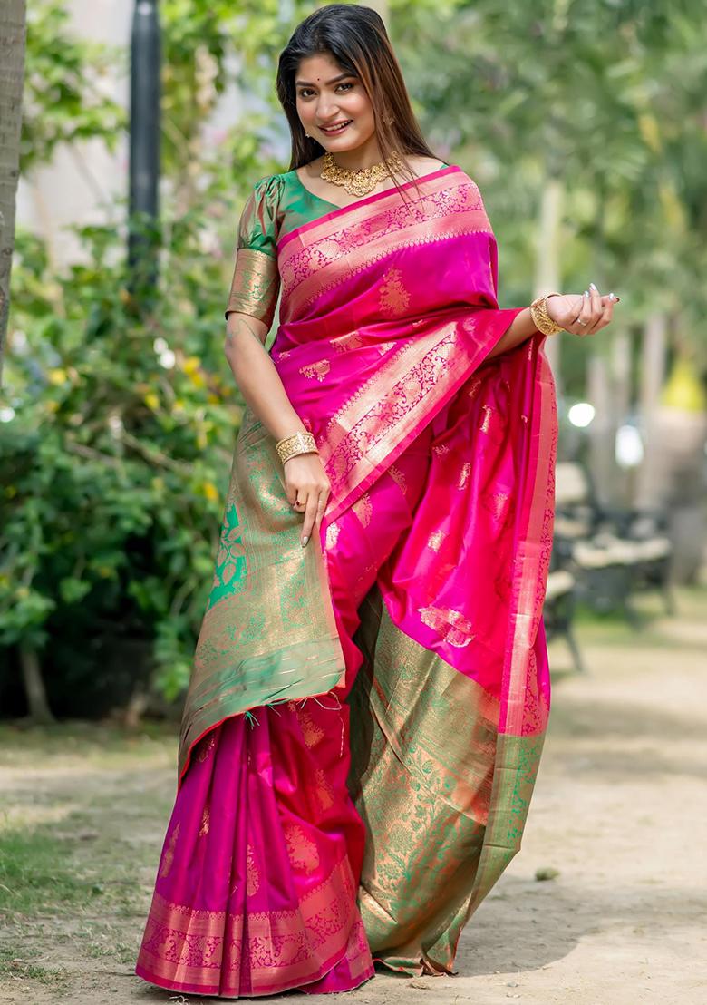 Pink Zari Woven Tussar Silk Saree Set