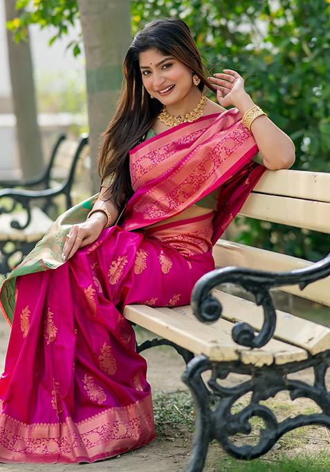 Pink Zari Woven Tussar Silk Saree Set