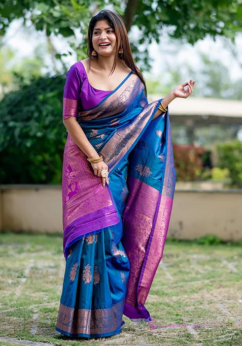 Blue Zari Woven Tussar Silk Saree Set
