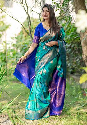 Sea Green Zari Woven Tussar Silk Saree Set