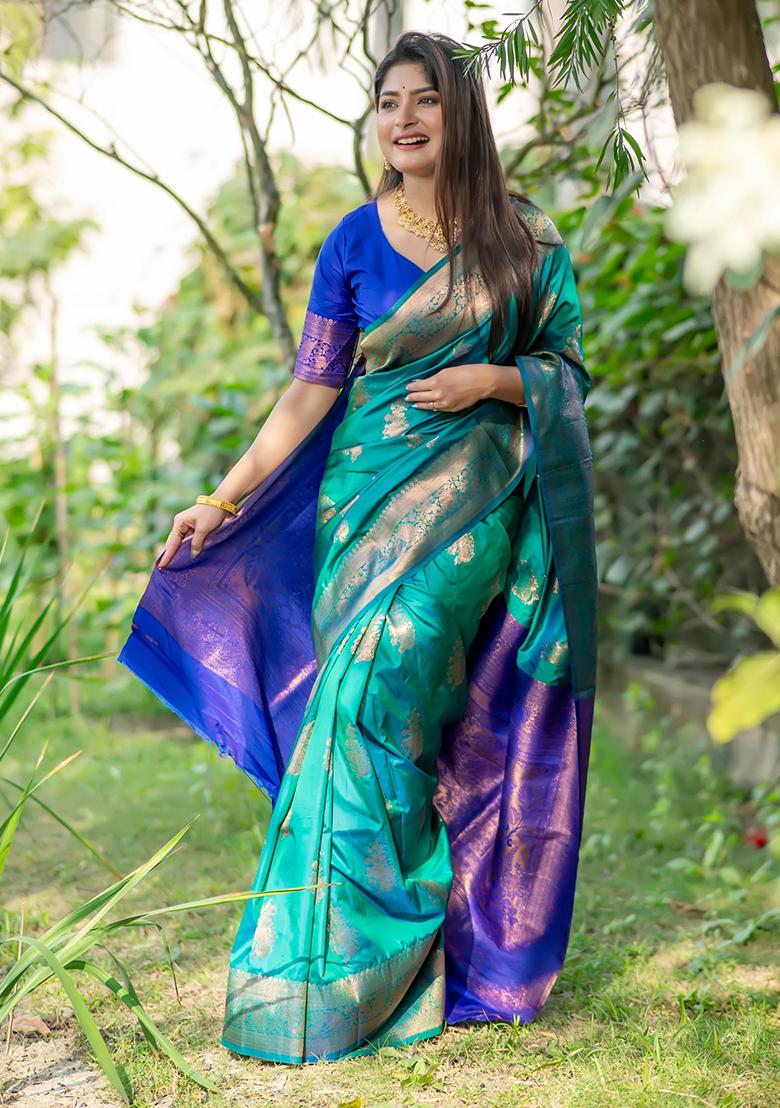 Sea Green Zari Woven Tussar Silk Saree Set