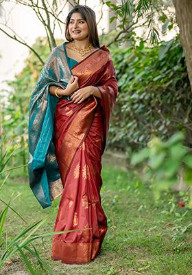 Red Zari Woven Tussar Silk Saree Set
