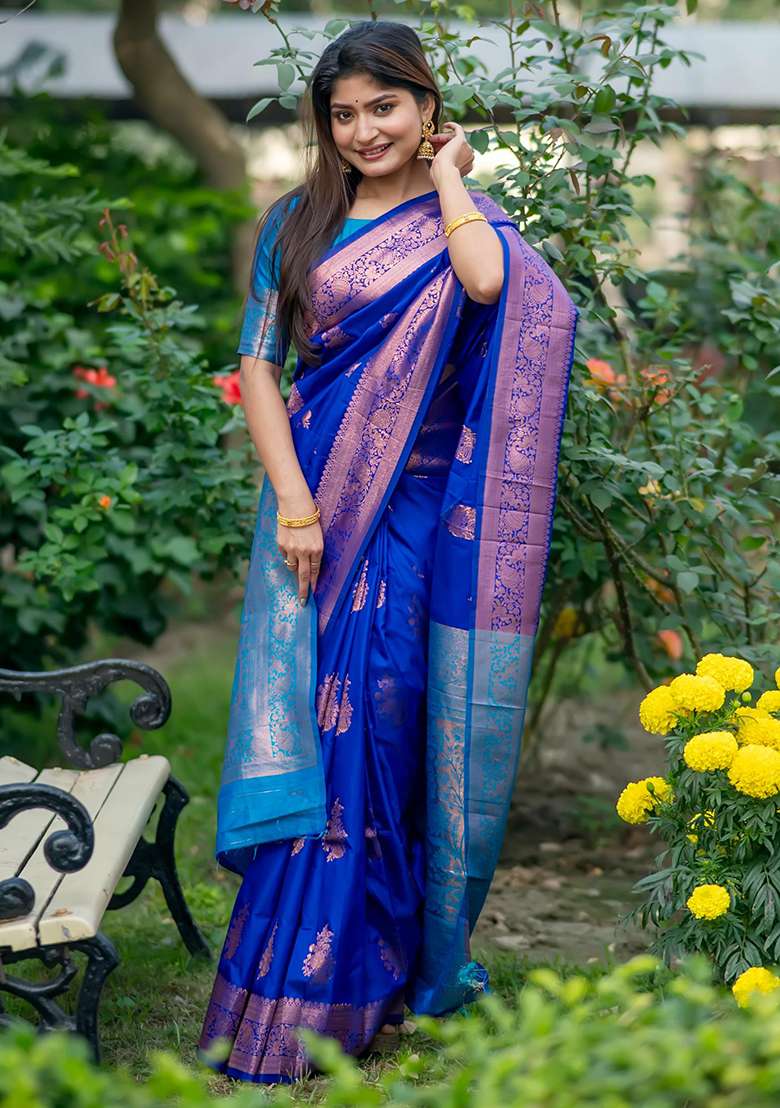 Royal Blue Zari Woven Tussar Silk Saree Set - Indya