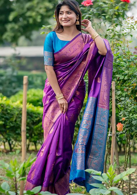 Purple Zari Woven Tussar Silk Saree Set