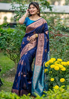 Navy Blue Zari Woven Tussar Silk Saree Set