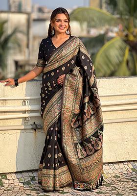 Black Zari Woven Pashmina Silk Saree Set
