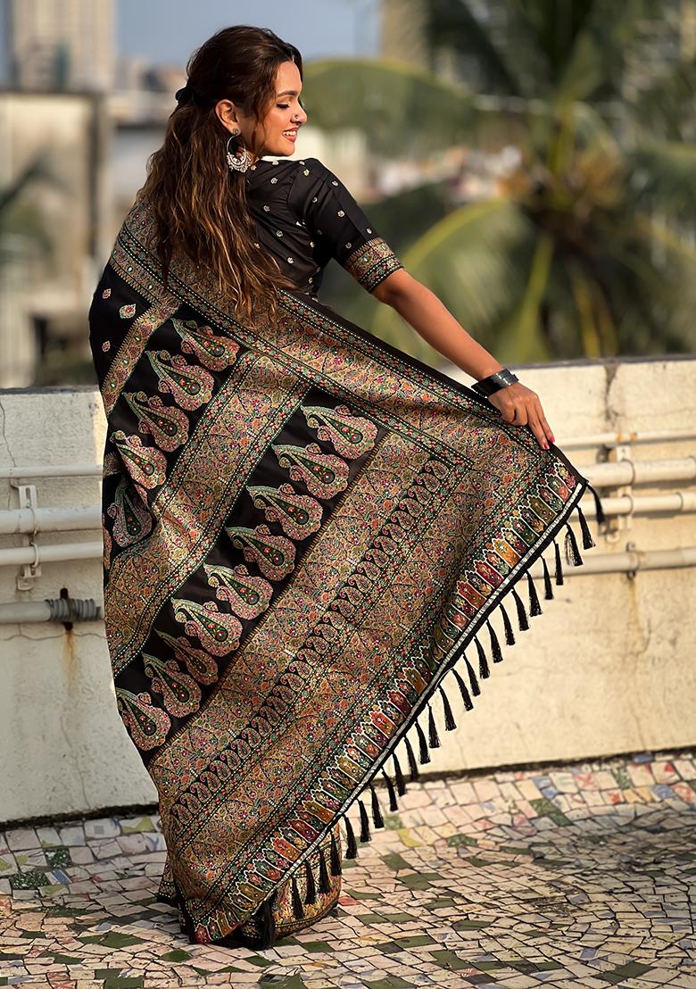 Black Zari Woven Pashmina Silk Saree Set