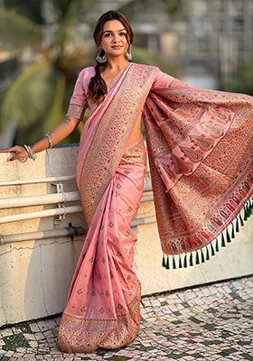 Pink Zari Woven Pashmina Silk Saree Set