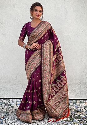 Magenta Zari Woven Pashmina Silk Saree Set