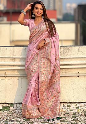 Pink Zari Woven Pashmina Silk Saree Set
