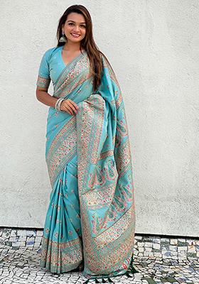 Blue Zari Woven Pashmina Silk Saree Set