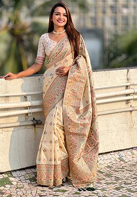 Yellow Zari Woven Pashmina Silk Saree Set