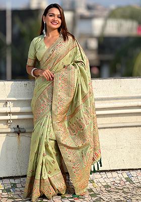 Pista Green Zari Woven Pashmina Silk Saree Set