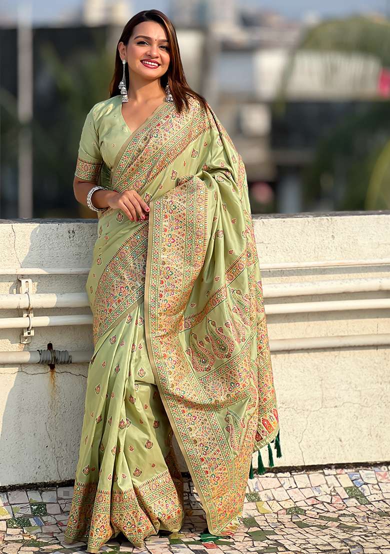 Pista Green Zari Woven Pashmina Silk Saree Set - Indya