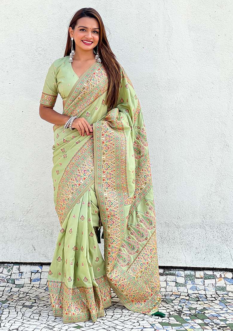 Pista Green Zari Woven Pashmina Silk Saree Set - Indya