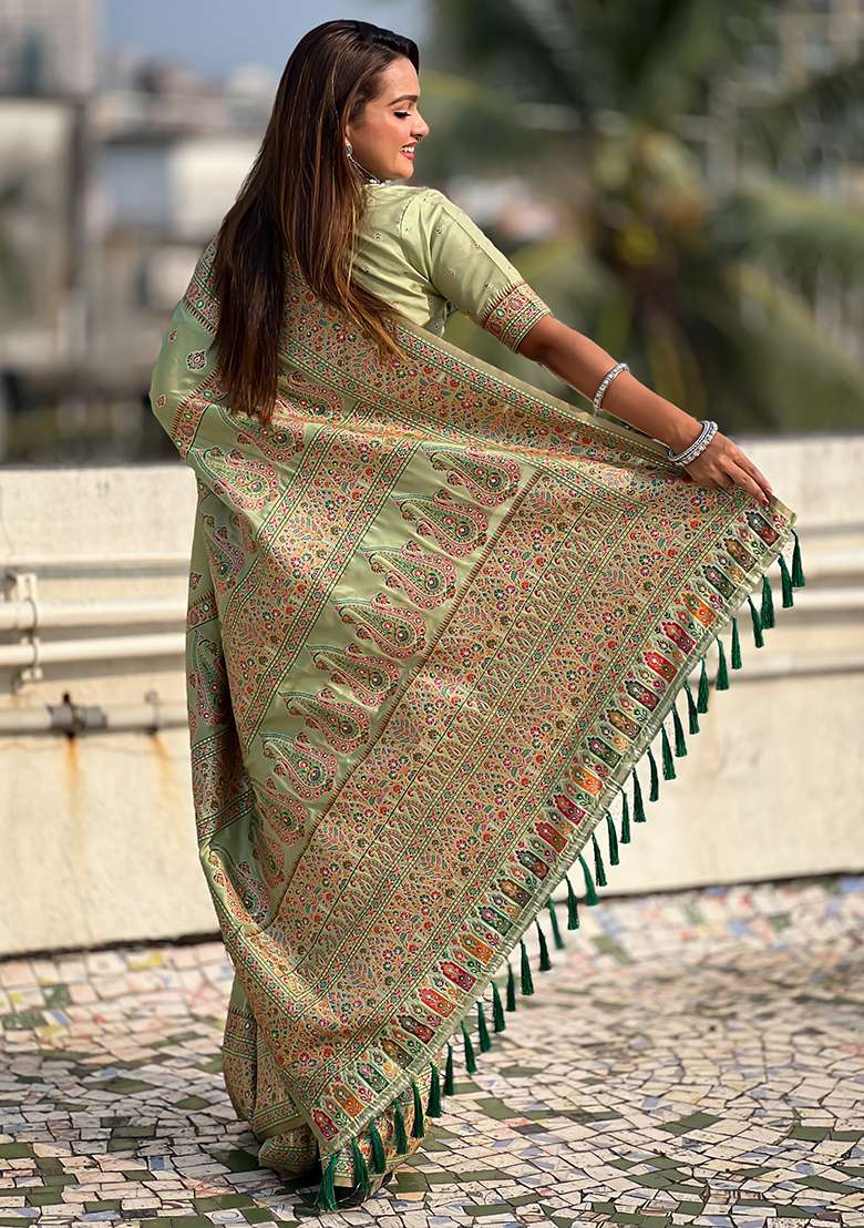 Pista Green Zari Woven Pashmina Silk Saree Set - Indya