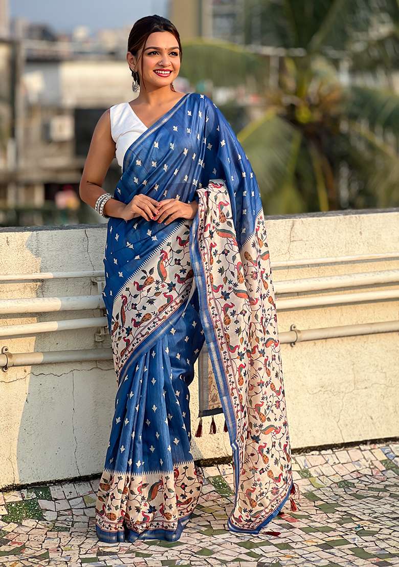 Blue Floral Print Silk Saree Set - Indya