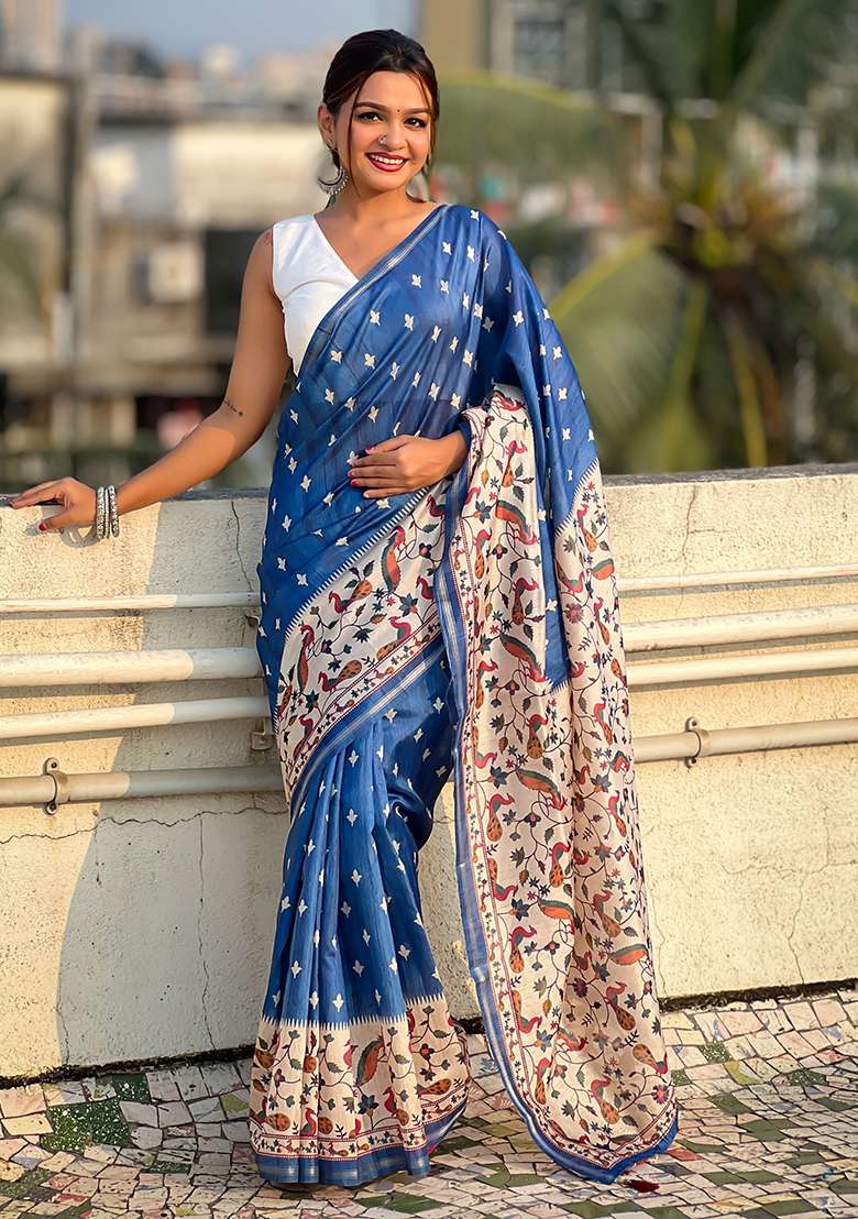 Blue Floral Print Silk Saree Set - Indya