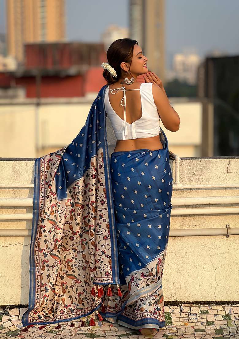 Blue Floral Print Silk Saree Set - Indya