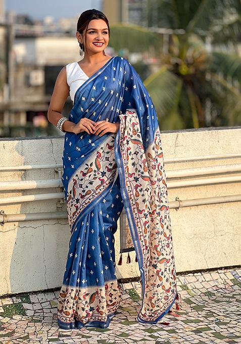 Blue Floral Print Silk Saree Set