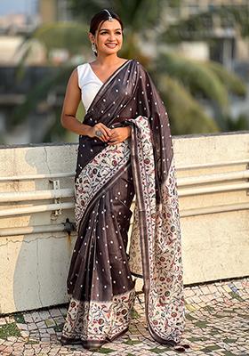 Black Floral Print Silk Saree Set
