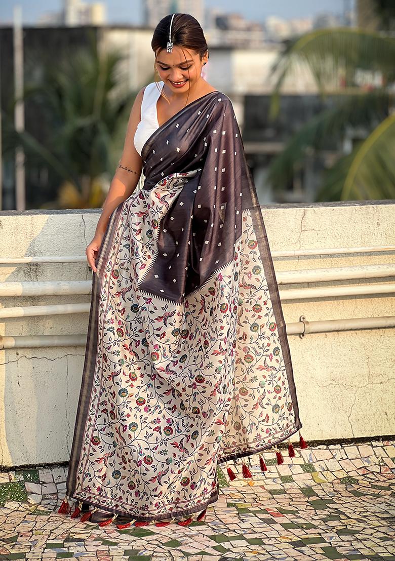 Black Floral Print Silk Saree Set